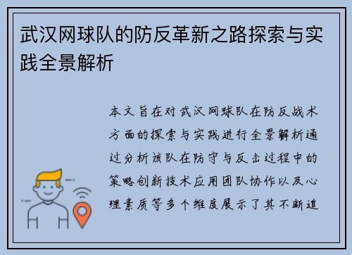 武汉网球队的防反革新之路探索与实践全景解析